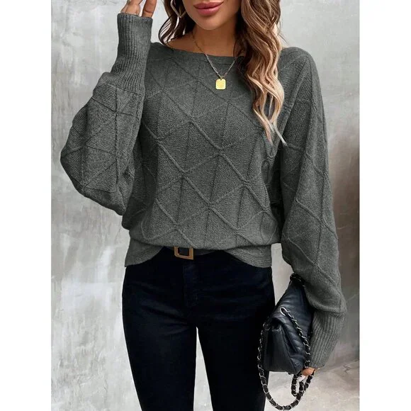 Ribbed knit crosshatch crewneck sweater batwing white - Picture 5 of 6